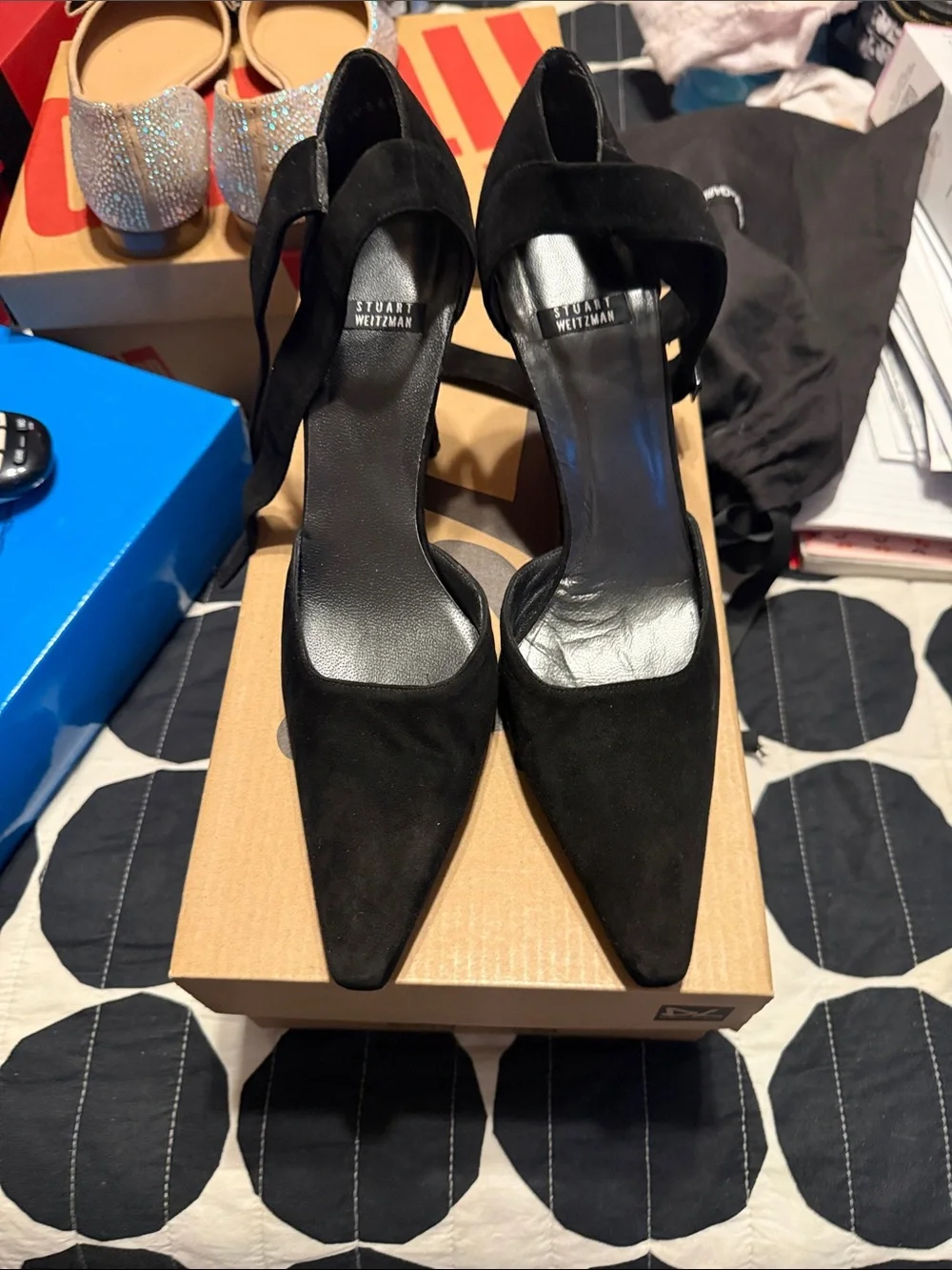 Stuart Weitzman Black Suede Pointed-Toe Strap Pumps